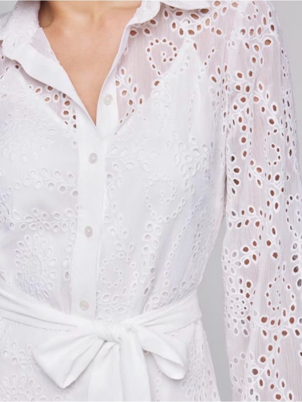 White House Black Market Eyelet Shirt Dress White Size 4 Long Sleeve Tie Waist - Picture 3 of 10
